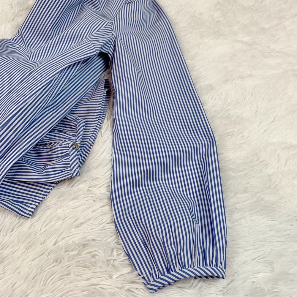 J Crew Long-sleeve ruffleneck top in stripe‎ high neck puff sleeves